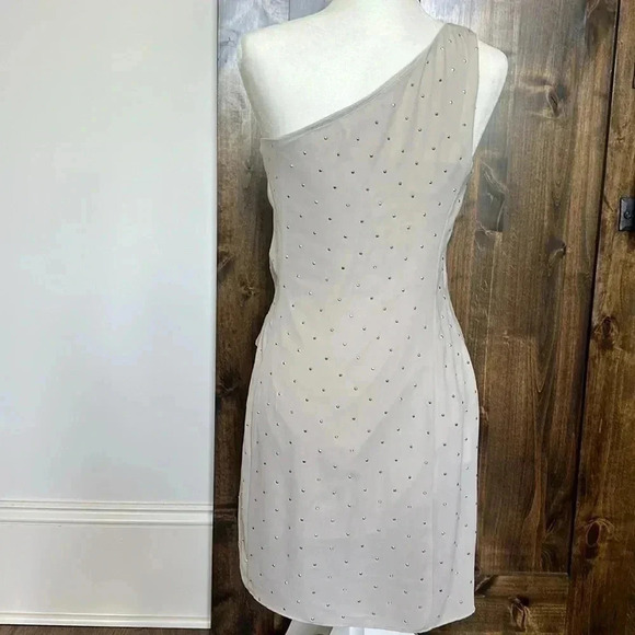 Express Chiffon One Shoulder Sleeveless Mini Dress Rhinestone Short Womens 6 - Picture 10 of 12